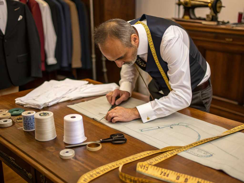 Tailor sketching patterns on fabric at a classic workshop table.