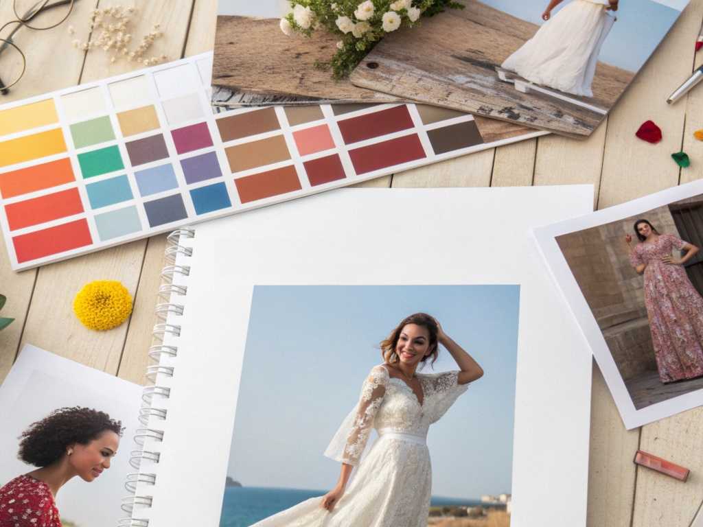 Color palette, sketches, and model photos on a designer's mood board.