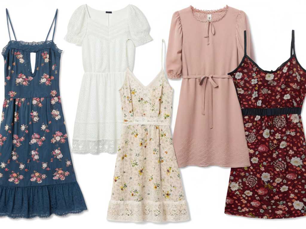 Five floral and pastel dresses laid out on a white background.