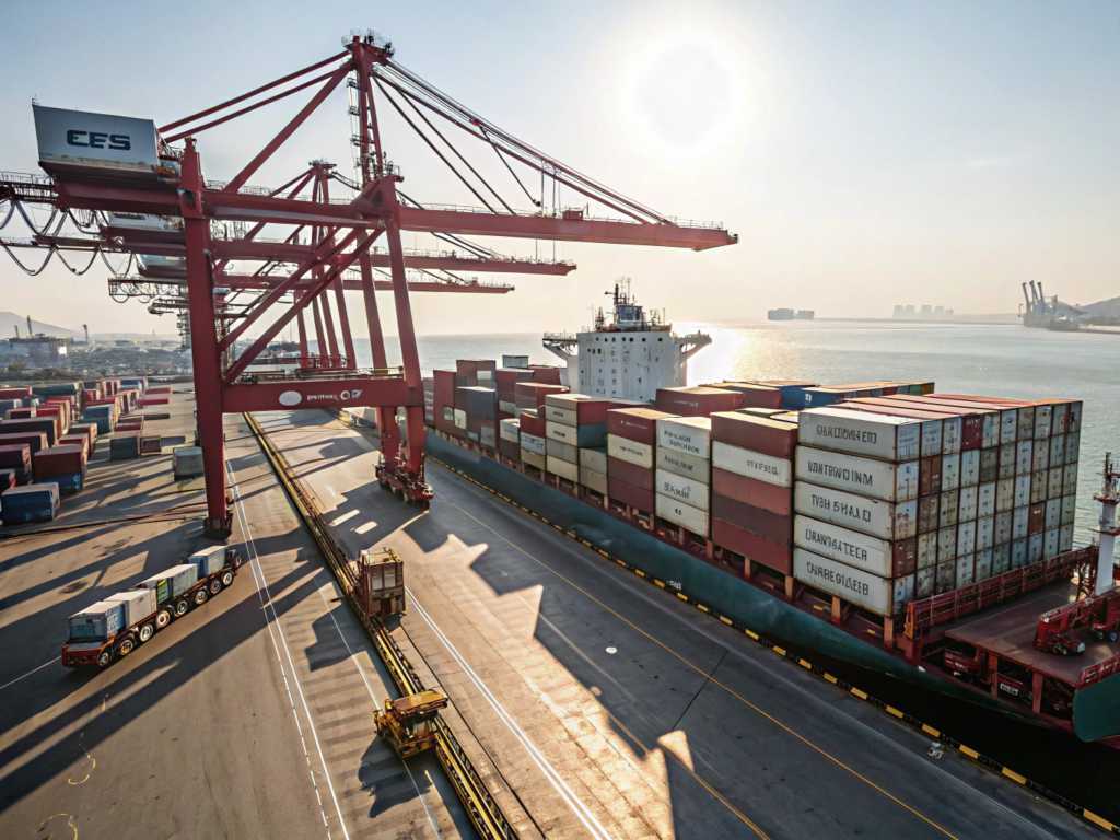 Aerial view of a cargo ship being loaded at a busy container terminal with large cranes.