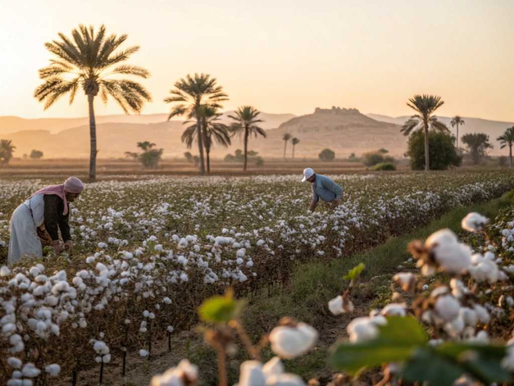 Workers picking cotton in a field at sunrise with palm trees in the background.