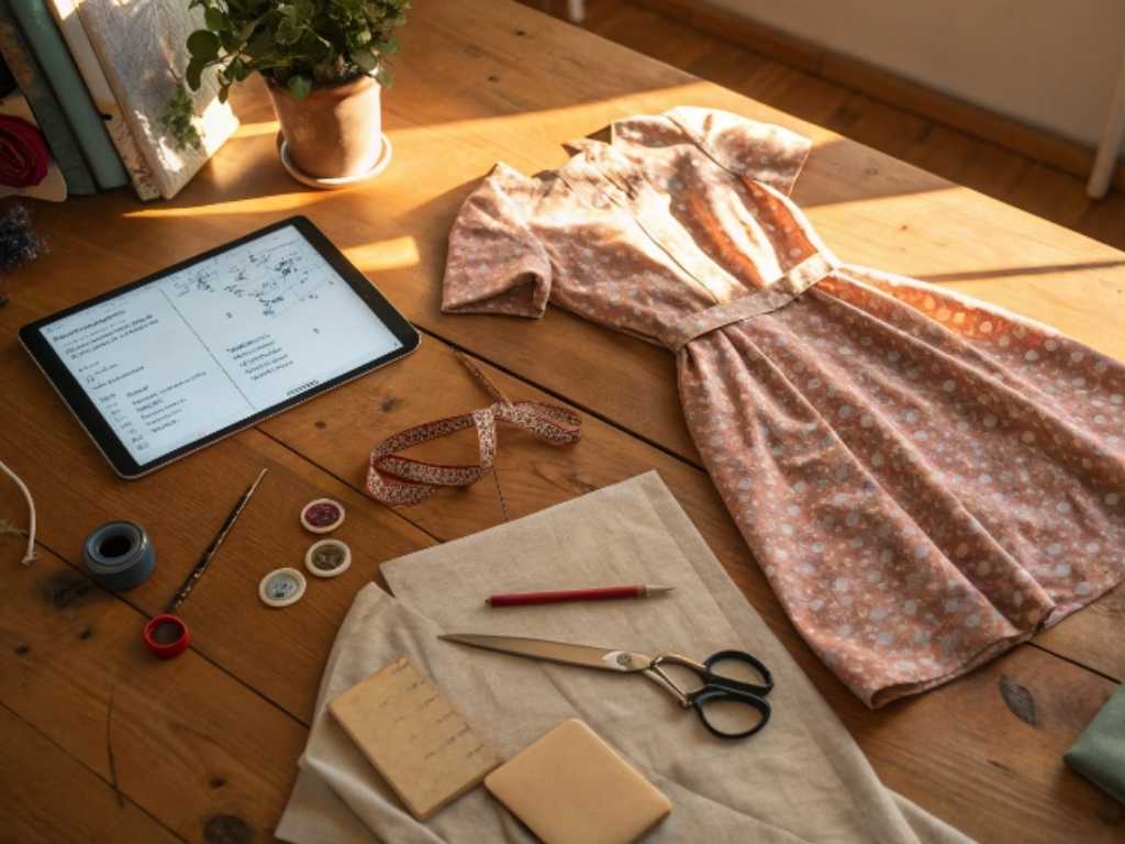 Handmade pink dress, sewing supplies, and tablet on wooden table.
