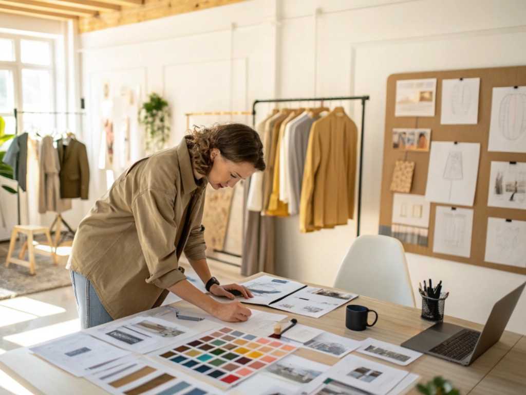 Fashion designer working with color swatches and sketches in modern studio.