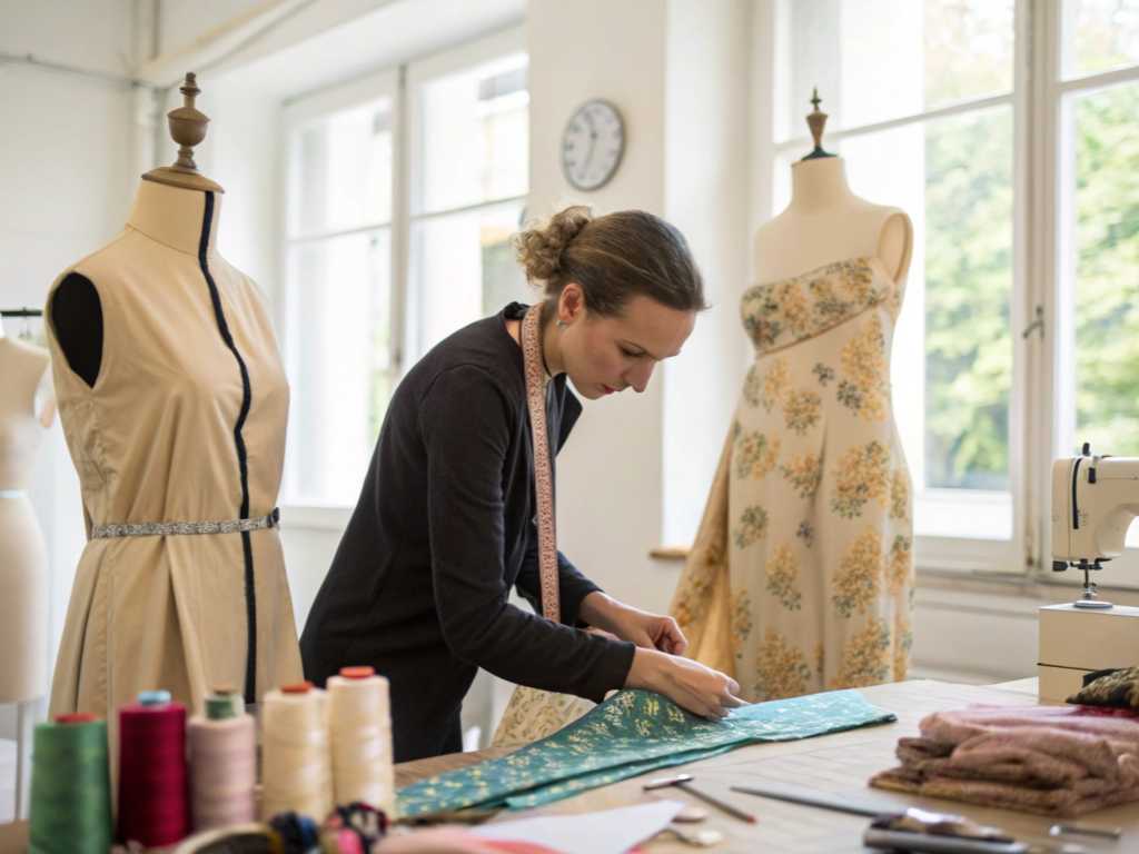 Fashion designer working with fabric and mannequins in a bright sewing studio.