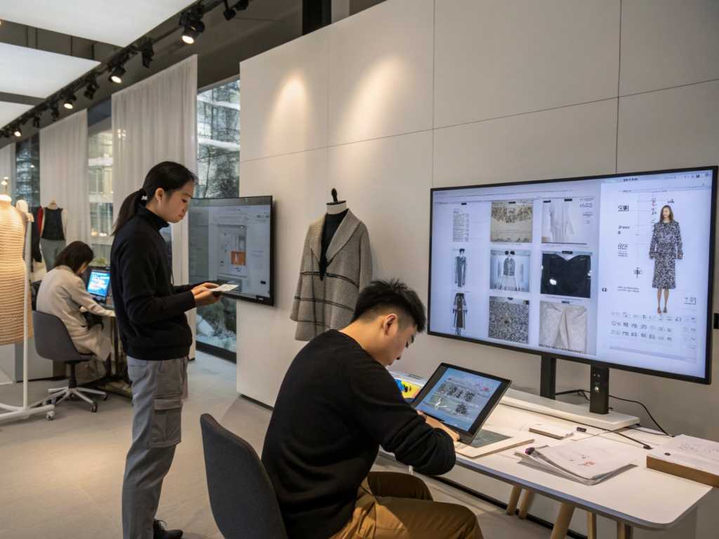 Fashion designers working with digital sketches and mannequins in a modern studio.