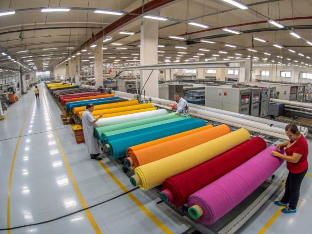 Workers inspecting large colorful rolls of fabric in a modern textile factory.