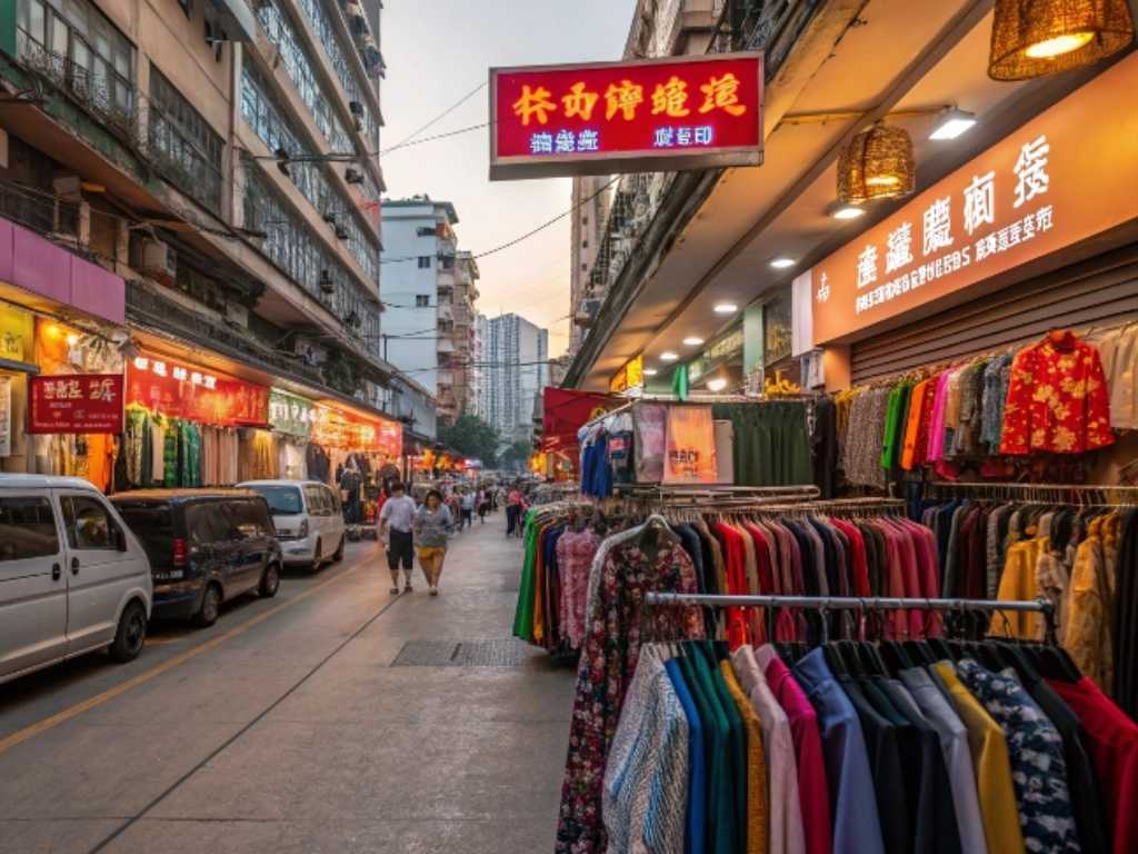 Colorful clothing racks and fabric shops line a busy street in an Asian market.