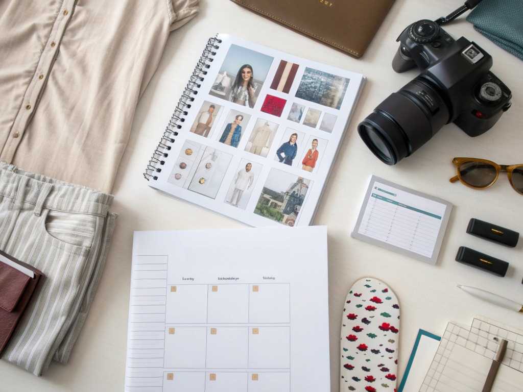 Flat lay of fashion launch planning tools with clothes, camera, and calendar.