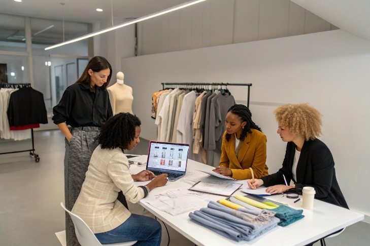 A group of fashion designers collaborating around a table with sketches and a laptop.