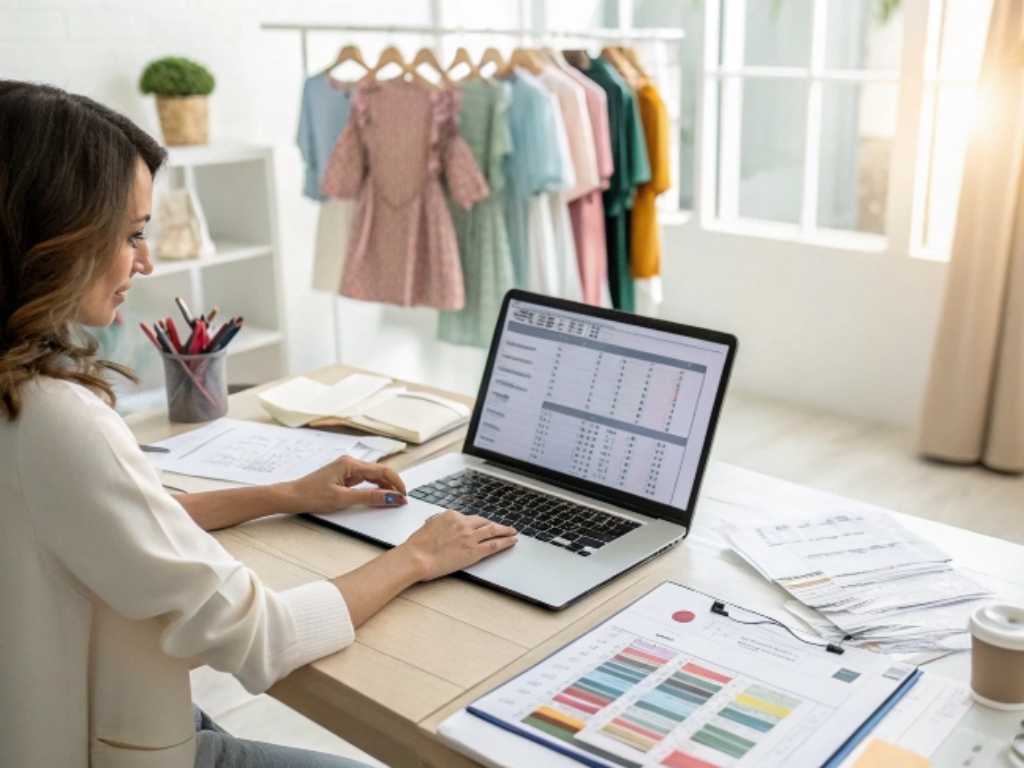 Woman working on laptop with fashion data, dresses on rack in background.