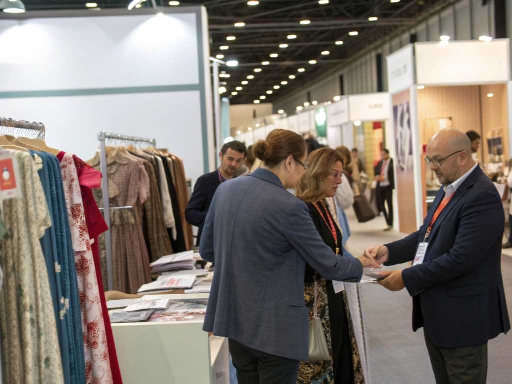 People discussing textiles and fashion samples at a trade show booth with dresses on racks.