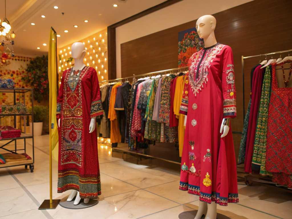 Mannequins wearing red embroidered dresses in a boutique with festive decor.