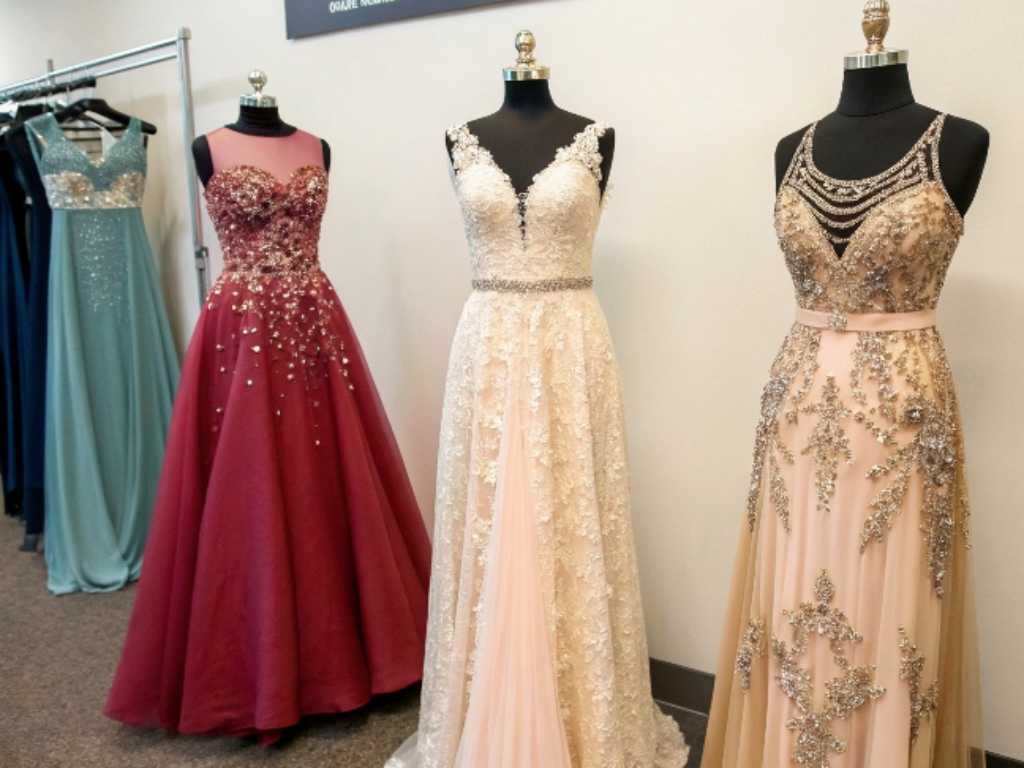 Formal dresses with intricate details on black mannequins in a showroom.
