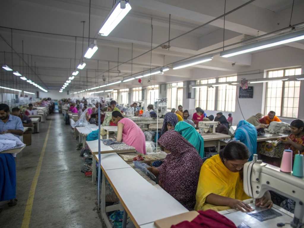 Workers stitching garments at sewing machines in large factory hall.
