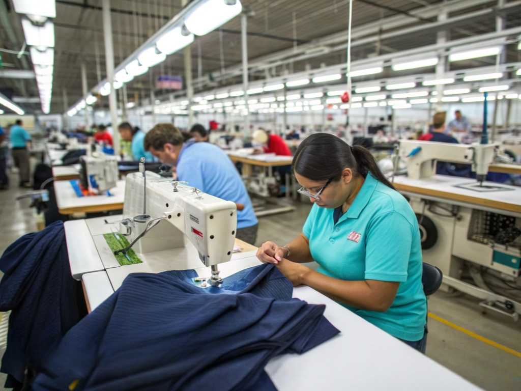 Workers sewing clothes in a factory setting.