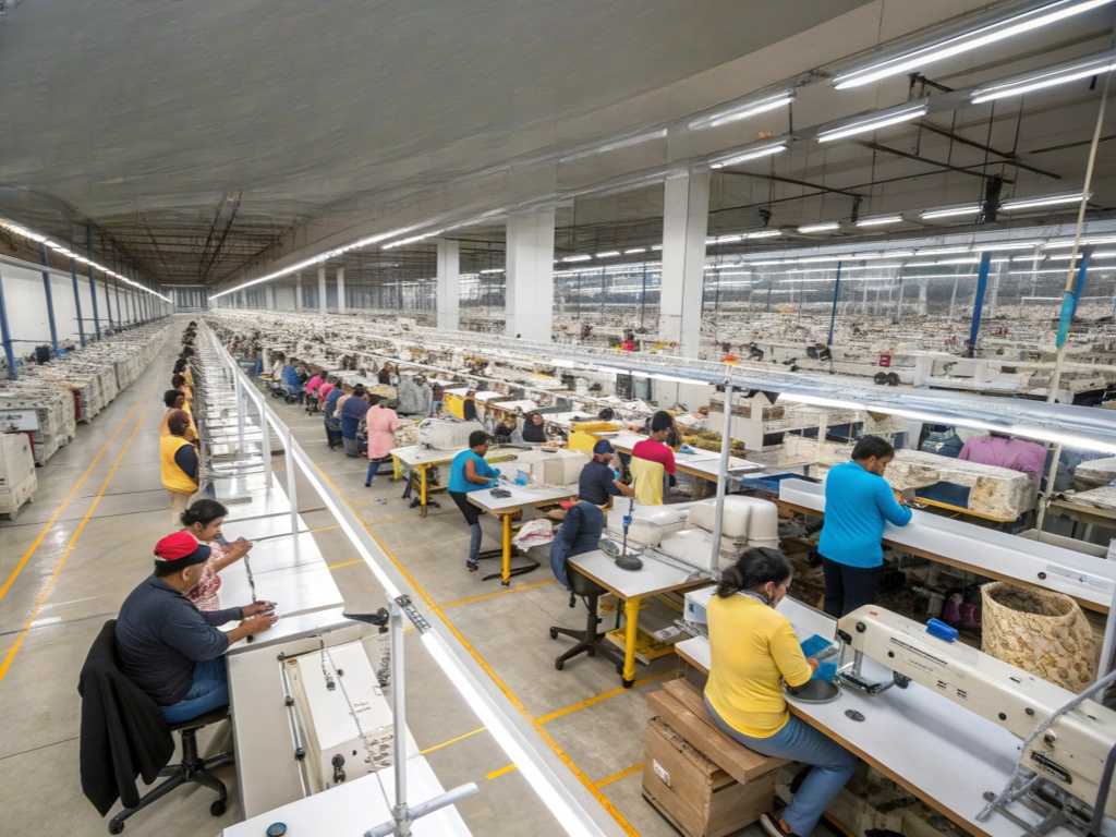 Factory floor with workers sewing garments in a large production area.