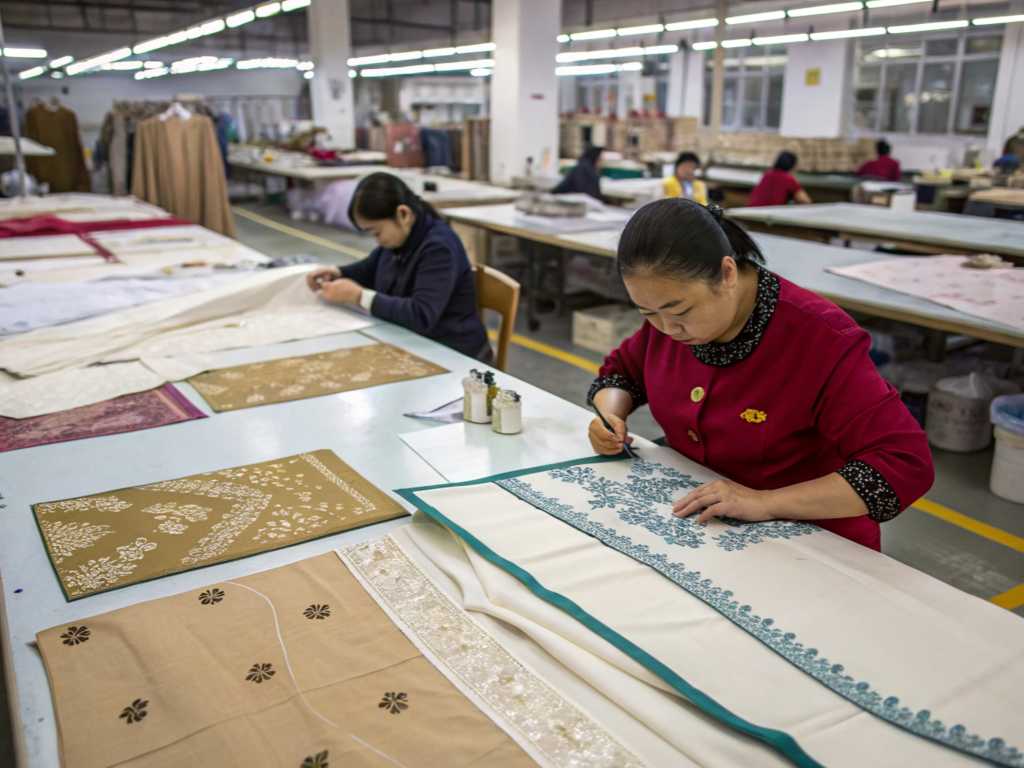 Workers embroidering fabric in a garment factory with detailed floral designs.