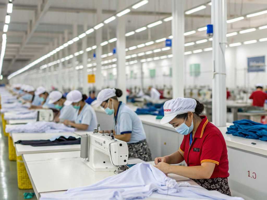 Factory workers wearing masks and uniforms sewing garments in a bright production line.