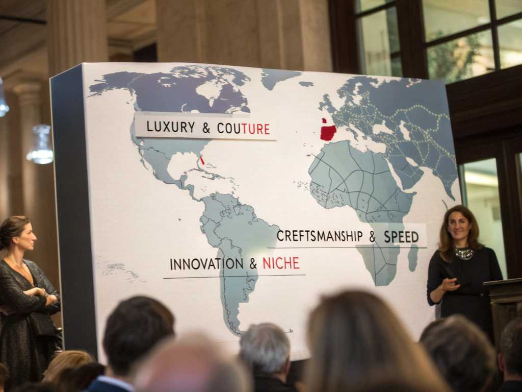 Fashion presentation with world map highlighting couture regions.
