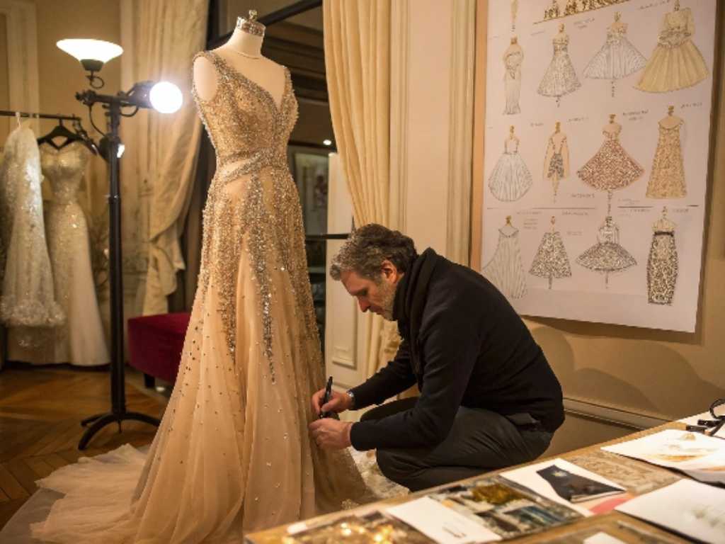 Designer making adjustments to a sparkling evening gown on a mannequin in a studio.