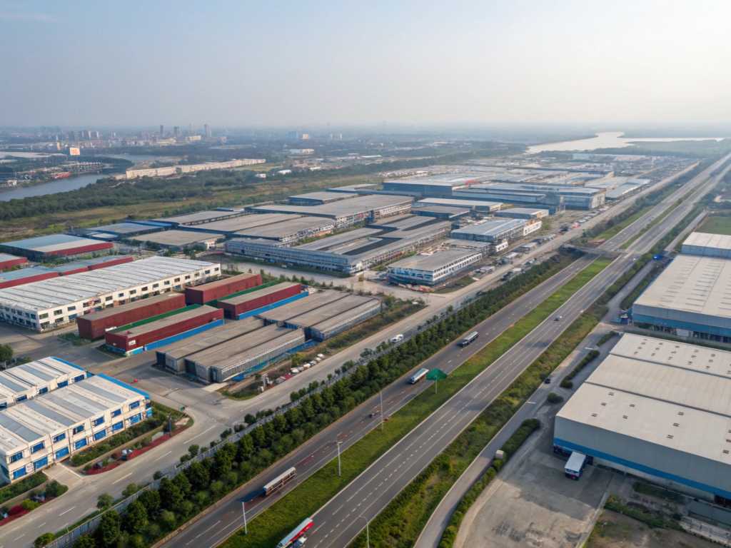 Aerial view of a large industrial zone with multiple factory buildings and highway.