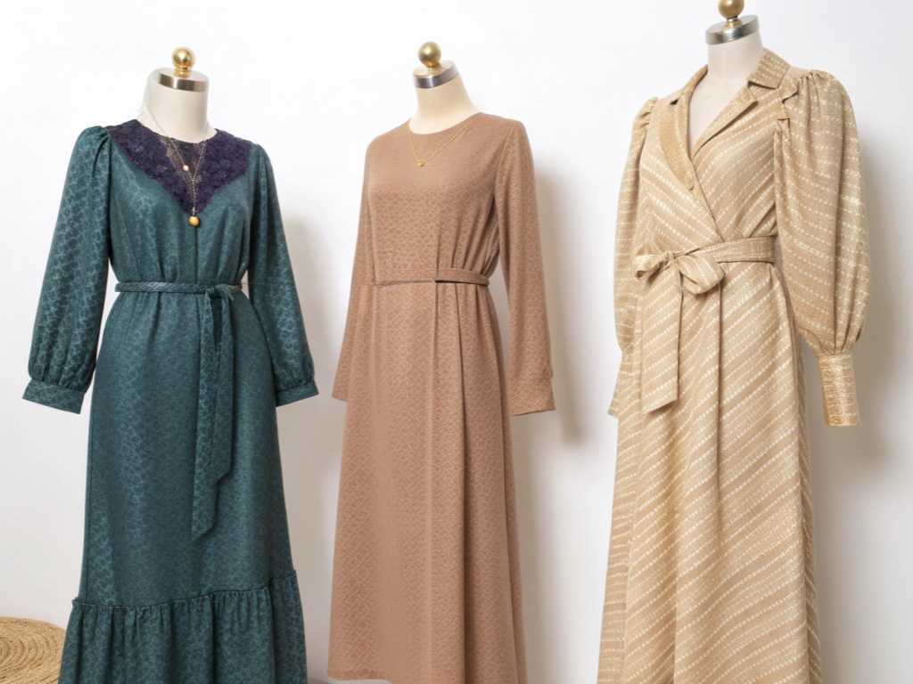 Three modest long-sleeve dresses displayed on mannequins.