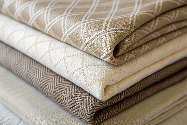 Stack of folded patterned fabrics in neutral colors.