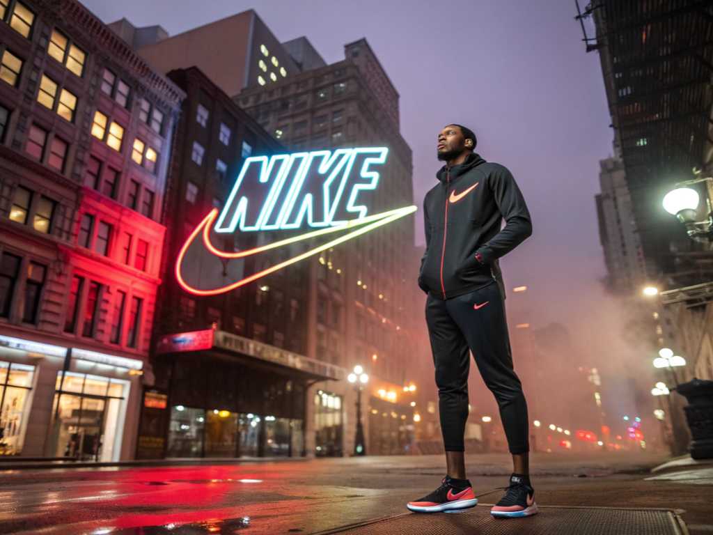 Man wearing Nike sportswear standing on a city street with large neon Nike sign.