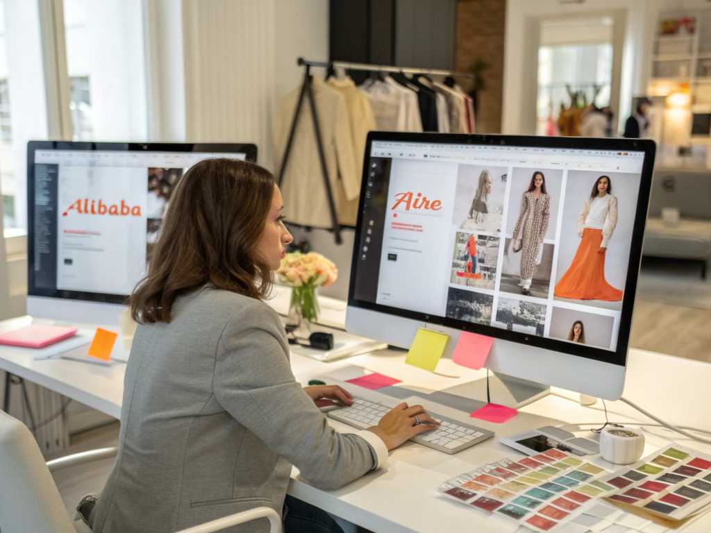 Woman designing fashion collections online using desktop computers and color swatches.