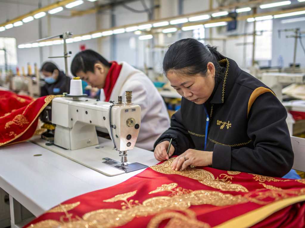 Woman sewing red fabric with golden embroidery in a clothing factory.
