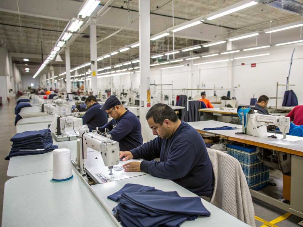 Factory workers sewing dark blue garments at sewing machines in a textile plant.