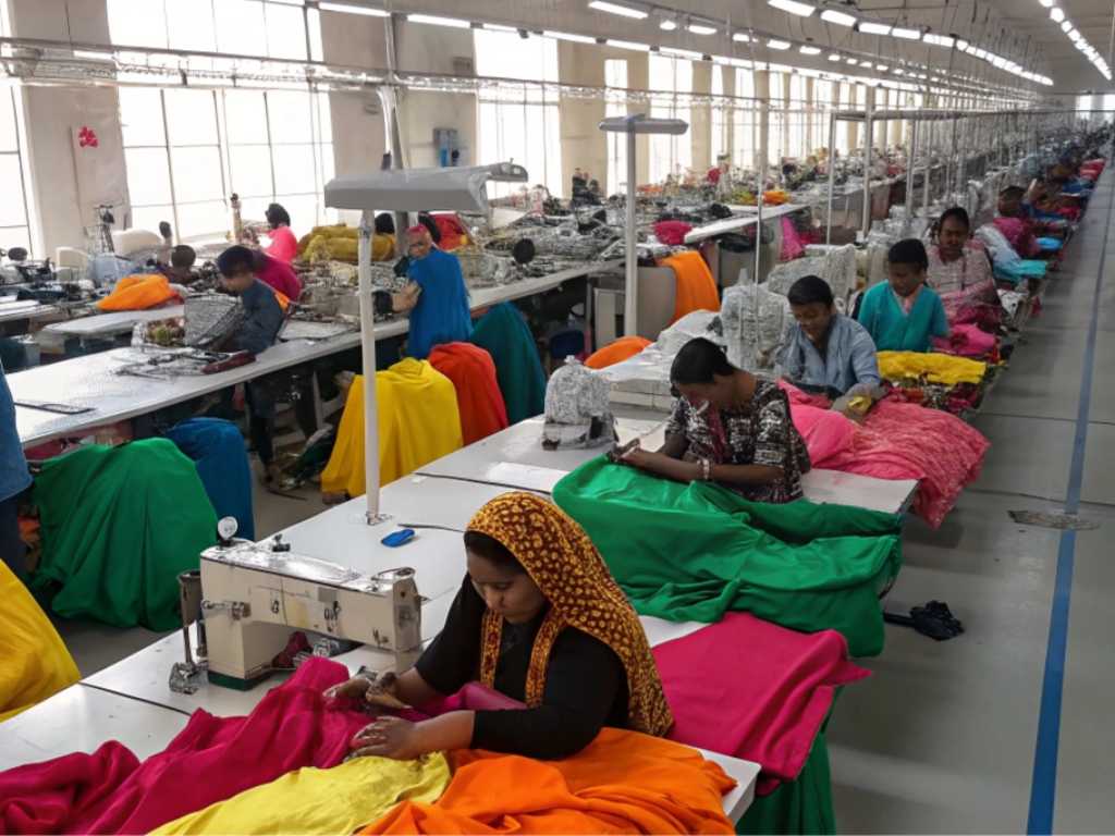 Female garment workers sewing colorful fabrics at large factory tables.