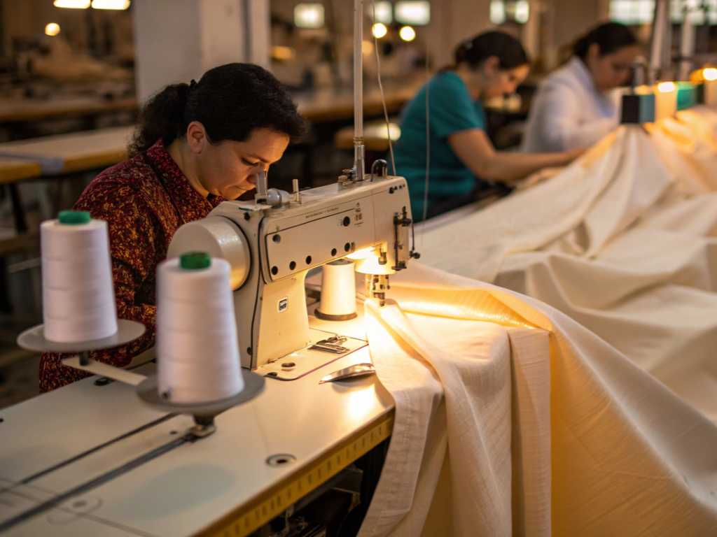 Women sewing fabric in a well-lit factory setting with sewing machines and spools of thread.