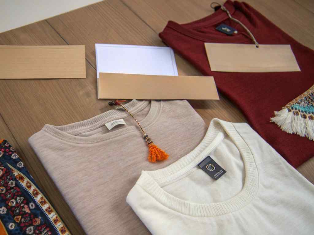 Folded shirts with neutral tones and blank product tags on wooden surface.