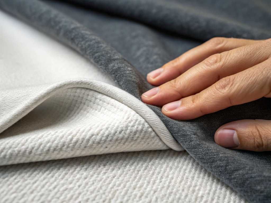 Hand touching double-layered textured and soft grey and white fabric.