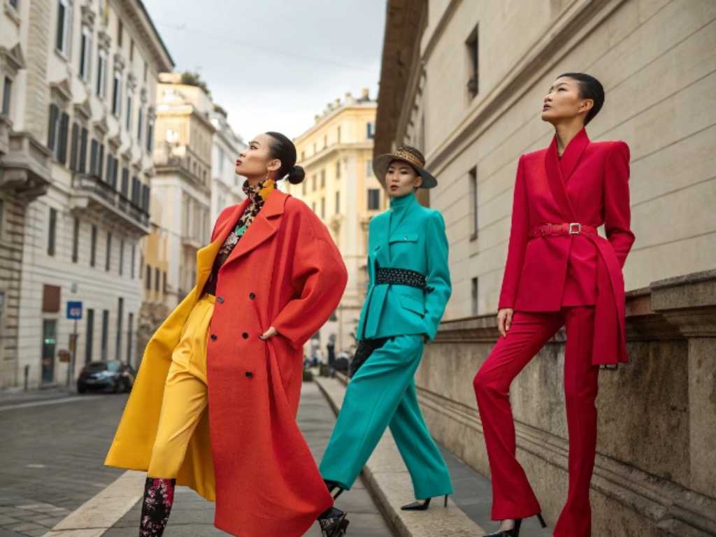 Three fashion models wear colorful suits and coats on a city street.