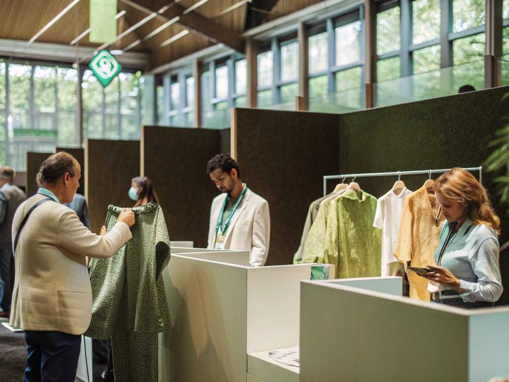 People browsing eco-friendly clothing at fashion trade show booth.