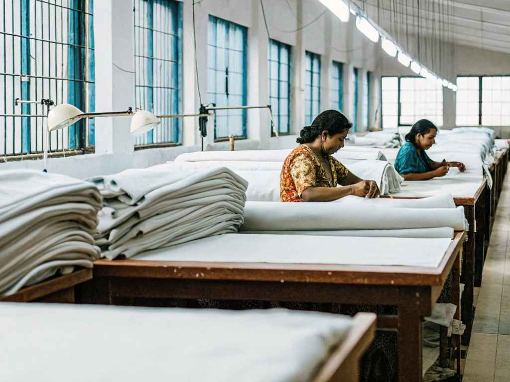 Women working with white fabric rolls in textile factory.