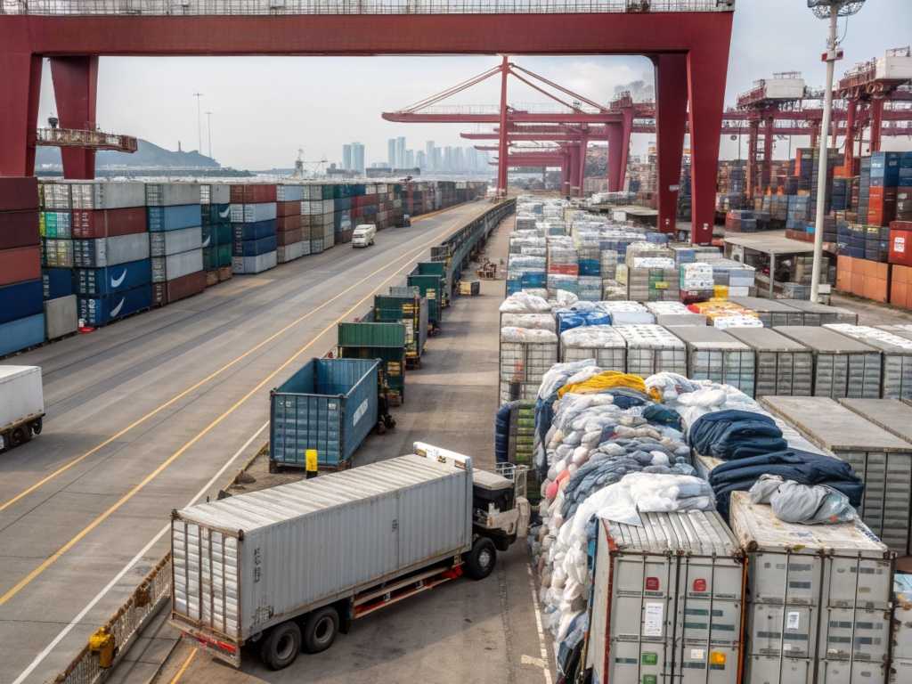 Cargo containers and fabric-loaded trucks at a busy shipping port.