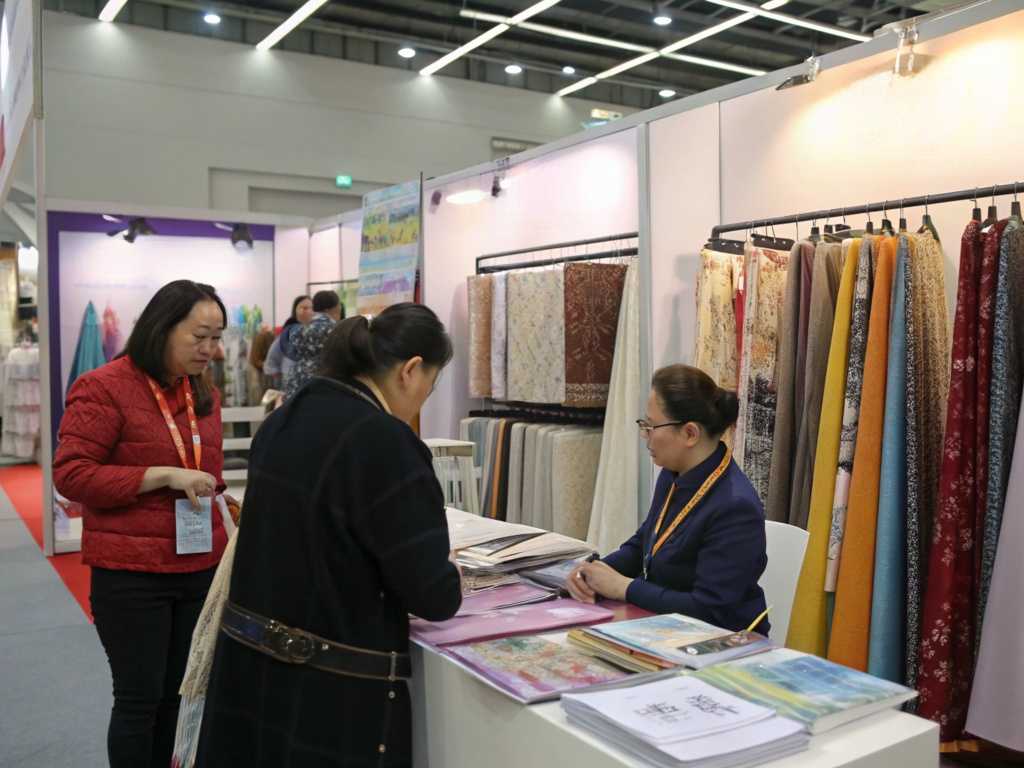 People at fabric exhibition looking through pattern catalogs and discussing textile options.