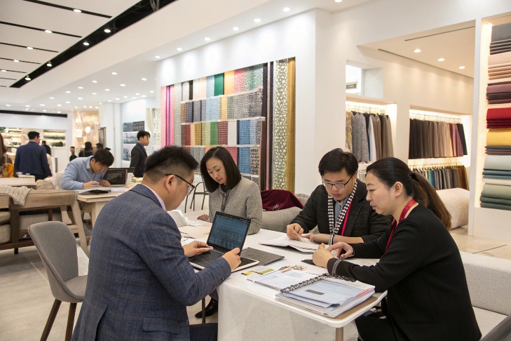 Business meeting in modern textile showroom with fabric samples on display.