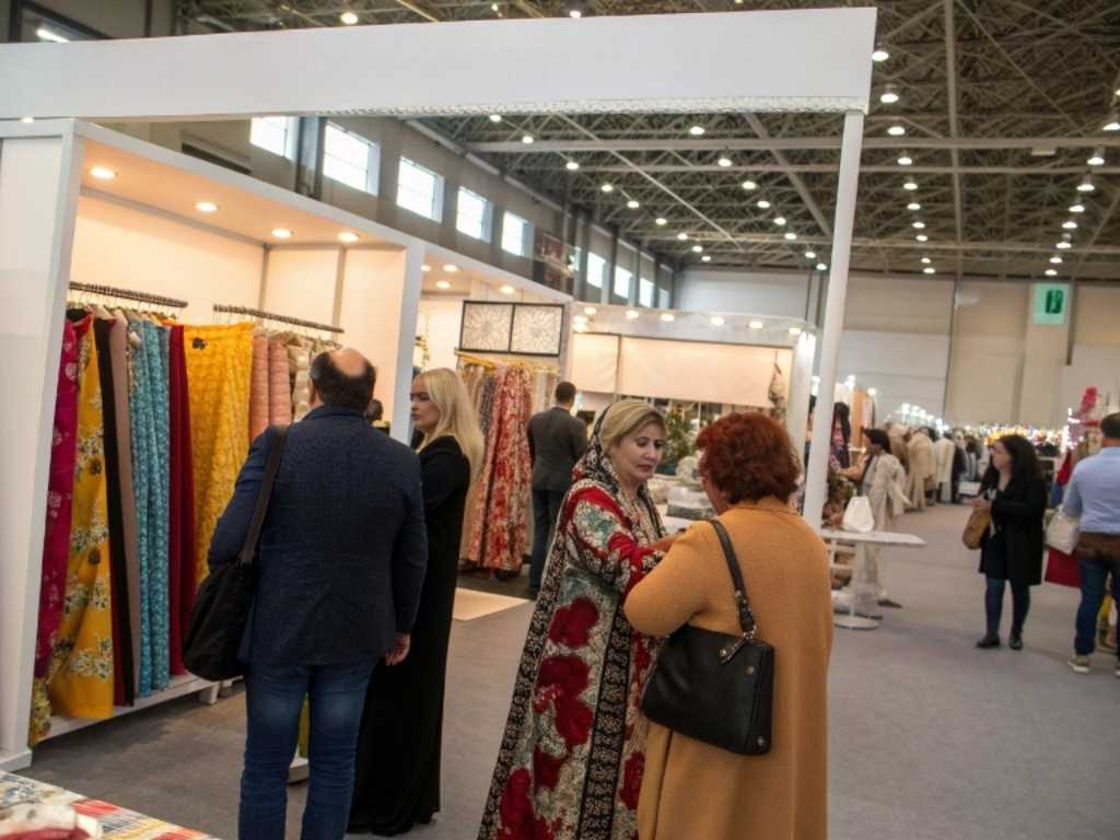 People browsing and discussing colorful fabric rolls at a textile trade show booth.