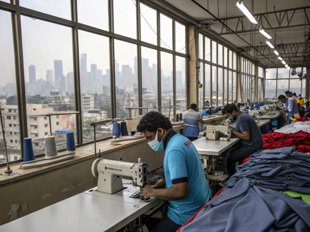 Garment workers sewing clothes in a factory with a city skyline outside.