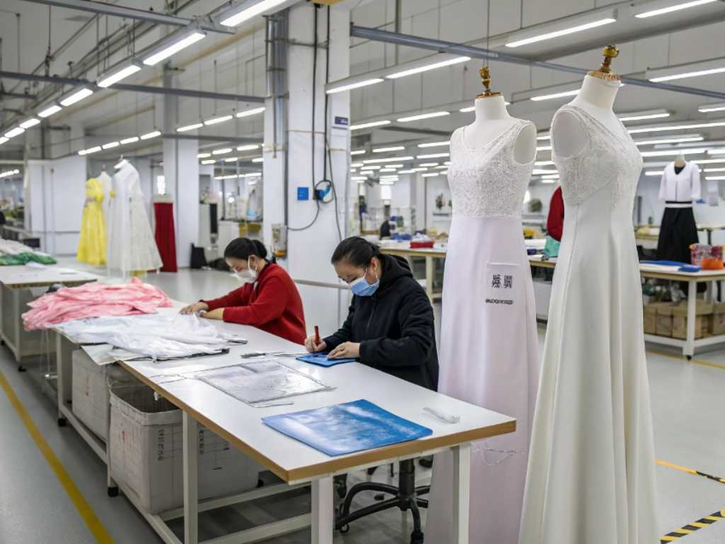 Workers preparing white wedding dresses in modern garment factory.
