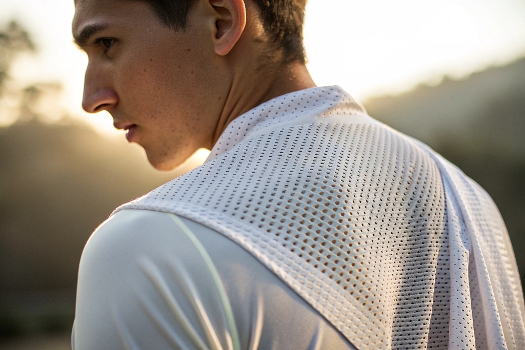 Man wearing white perforated athletic shirt outdoors.