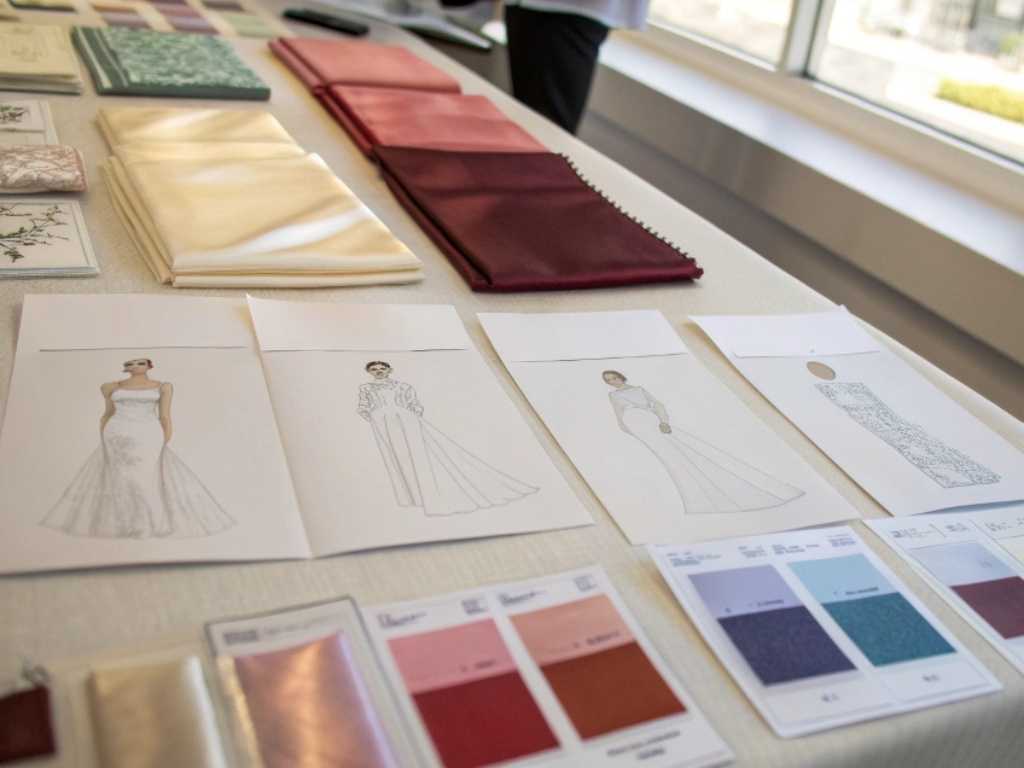 Bridal gown illustrations, fabric and color samples on table.
