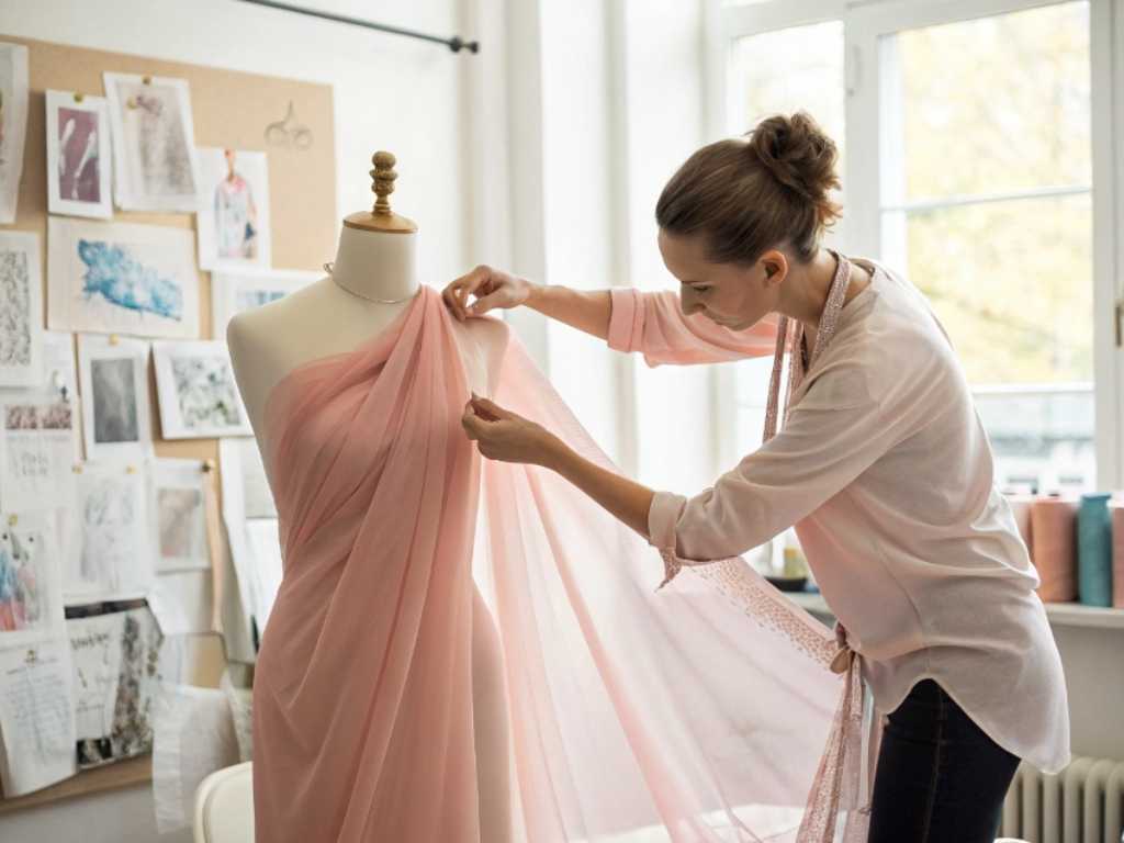 Fashion designer draping pink chiffon fabric on dress form in bright studio.