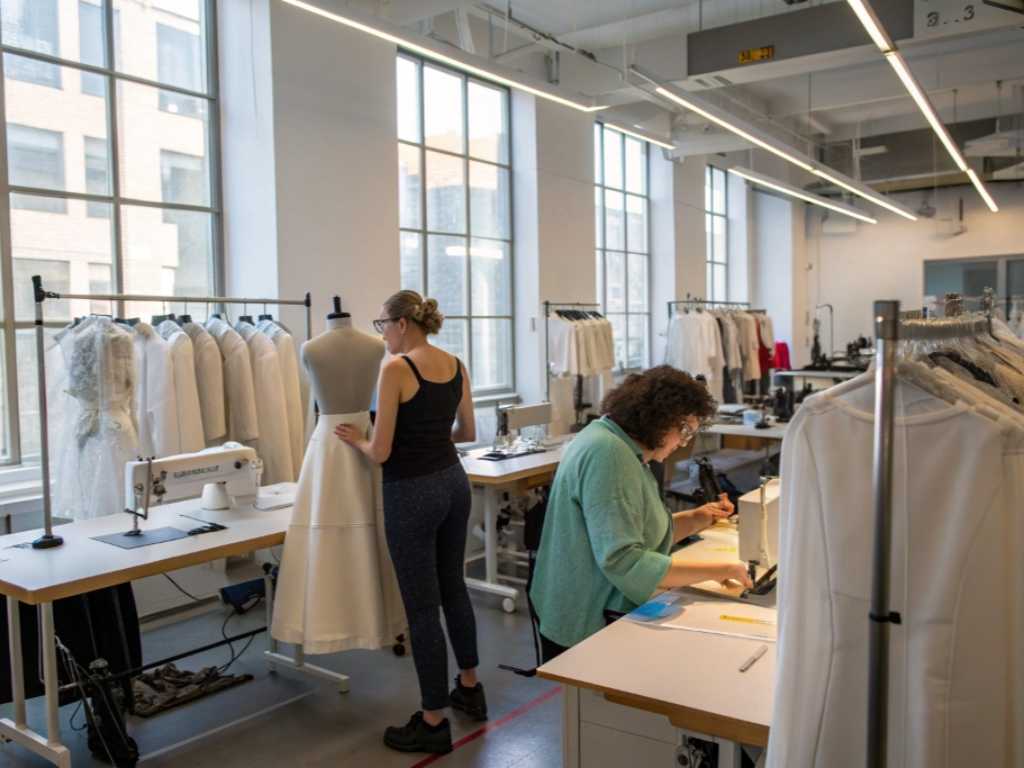 Fashion designers sewing and fitting dresses in a bright garment workshop.
