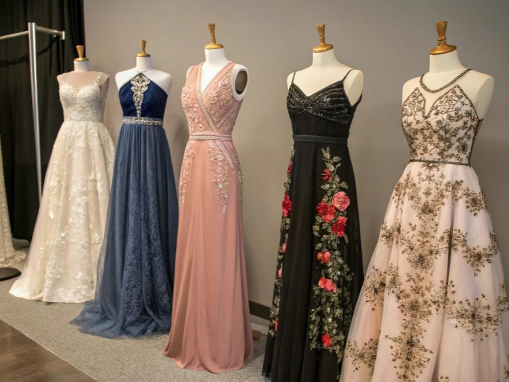 Five elegant evening dresses displayed on mannequins.