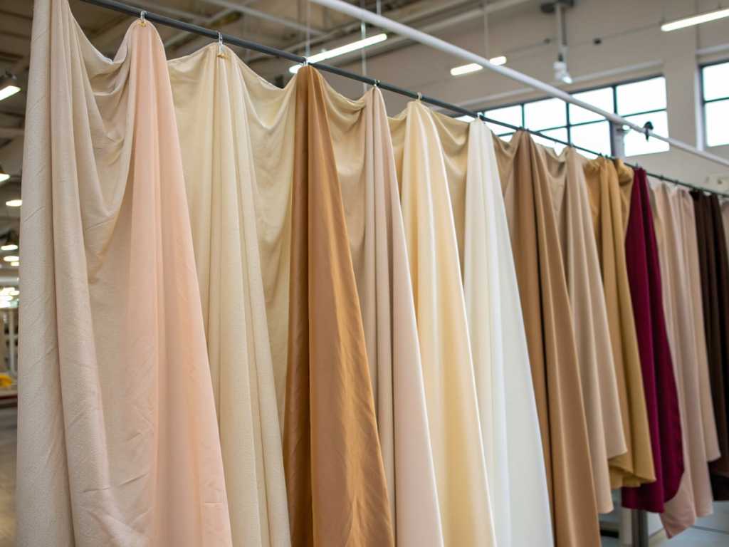Draped fabric samples in neutral and bold tones on display rack.